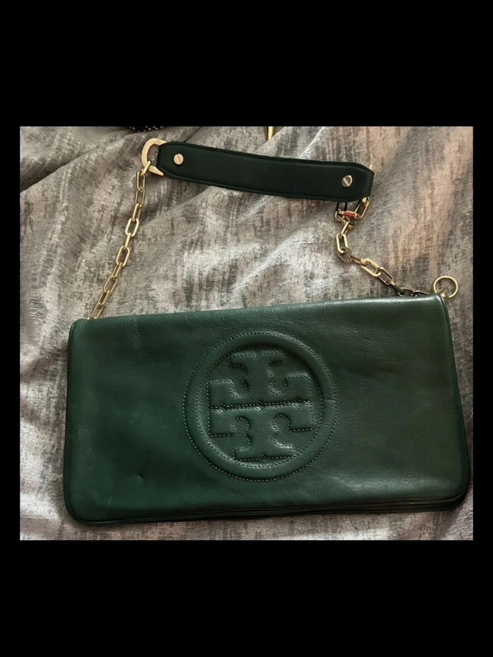 Tory Burch Reva Bombe Clutch Purse Malachite Dark Green Gold Chain